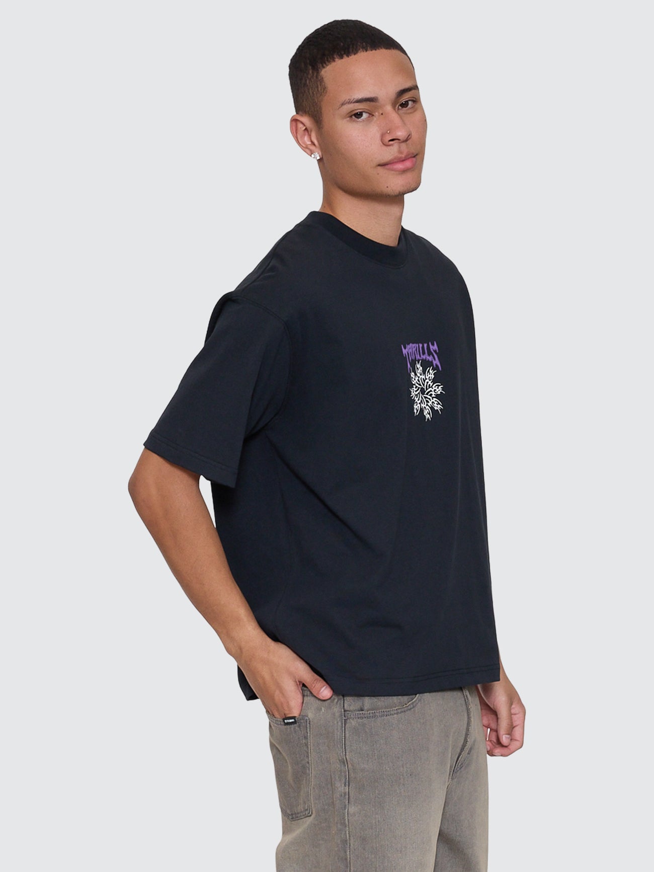 Thrills Co Stagger Box Fit Oversize Cropped Tee - Washed Black in Washed Black