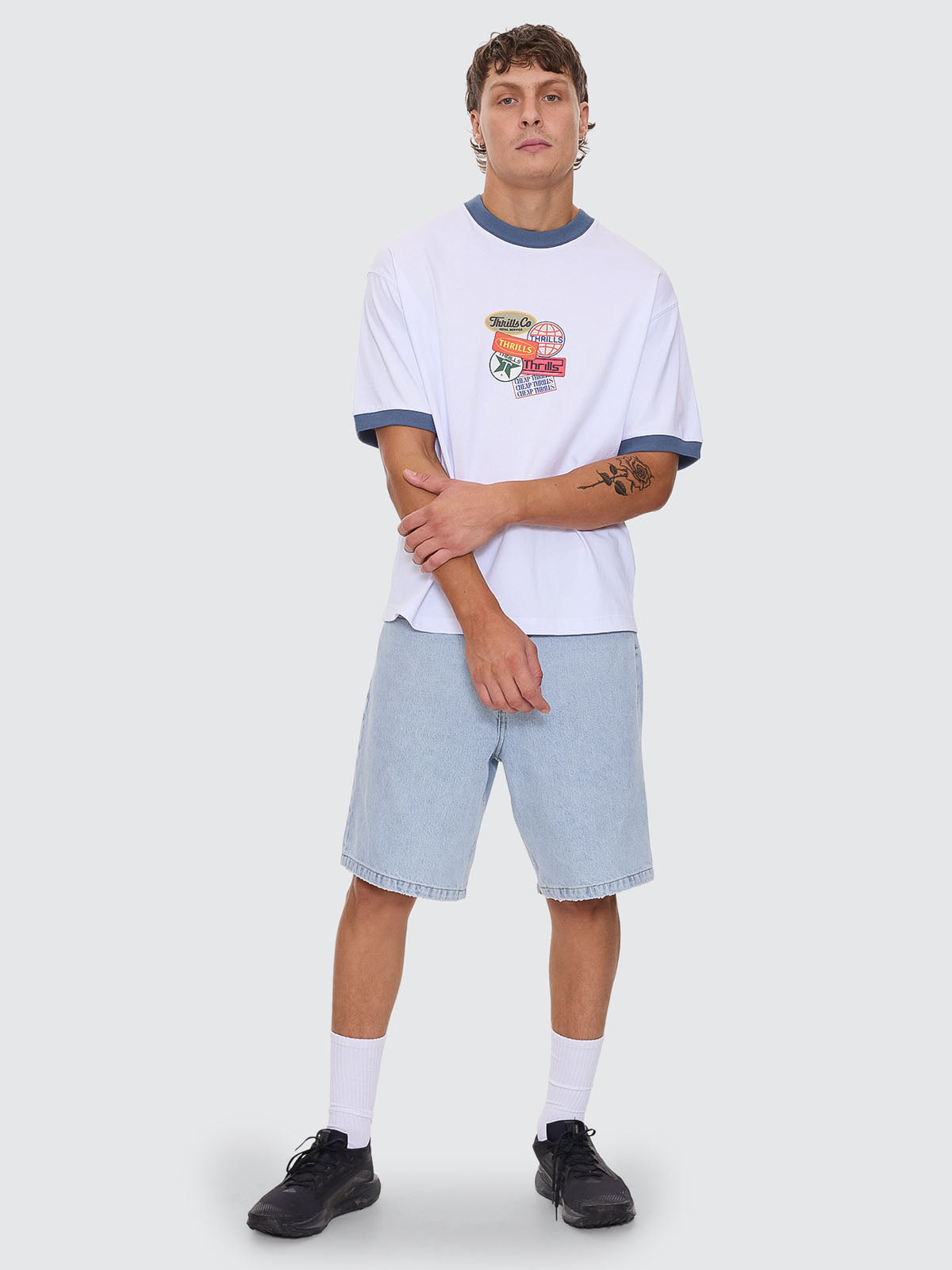 Thrills Co Total Service Box Fit Oversize Cropped Ringer Tee - White in White