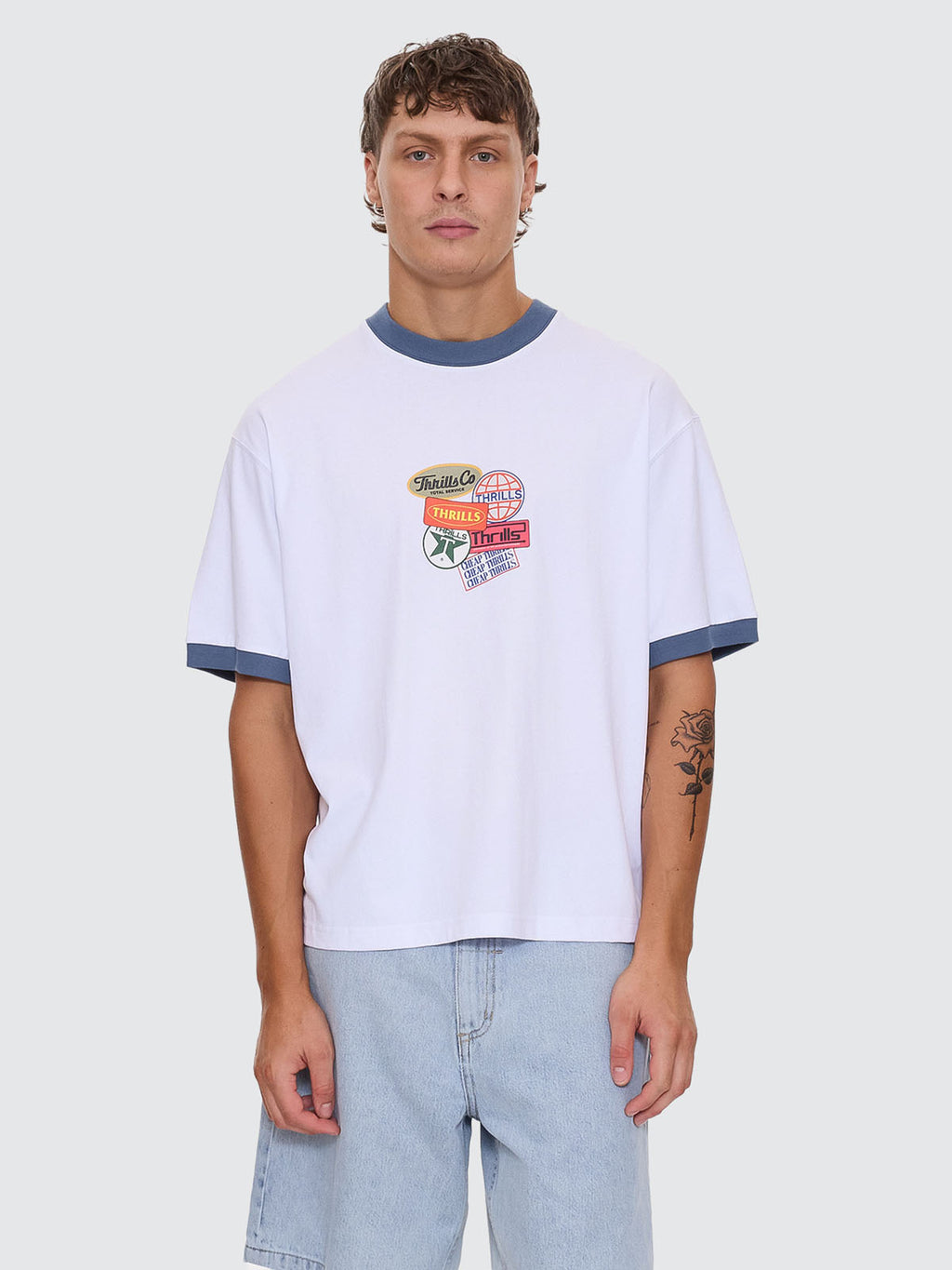 Thrills Co Total Service Box Fit Oversize Cropped Ringer Tee - White in White