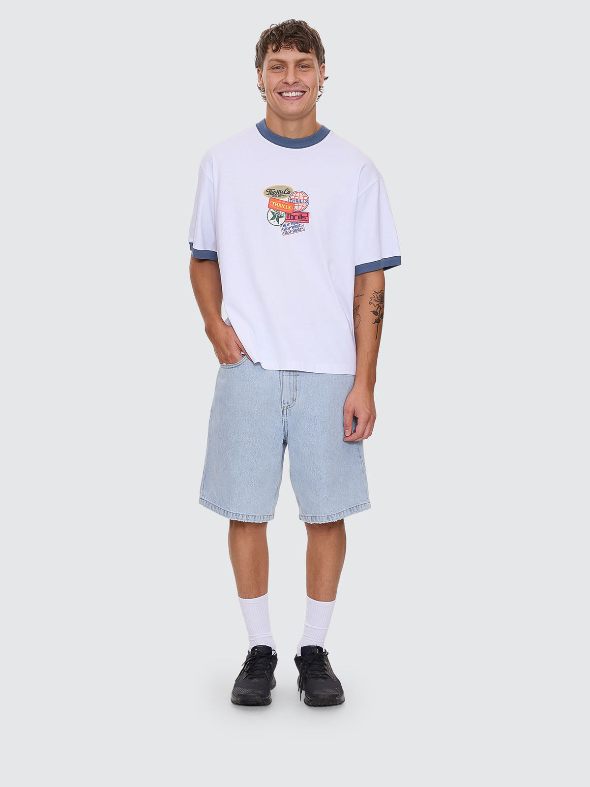 Thrills Co Total Service Box Fit Oversize Cropped Ringer Tee - White in White