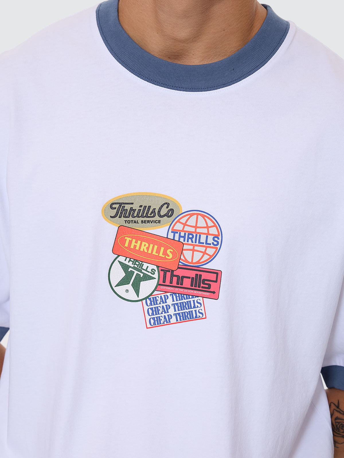 Thrills Co Total Service Box Fit Oversize Cropped Ringer Tee - White in White