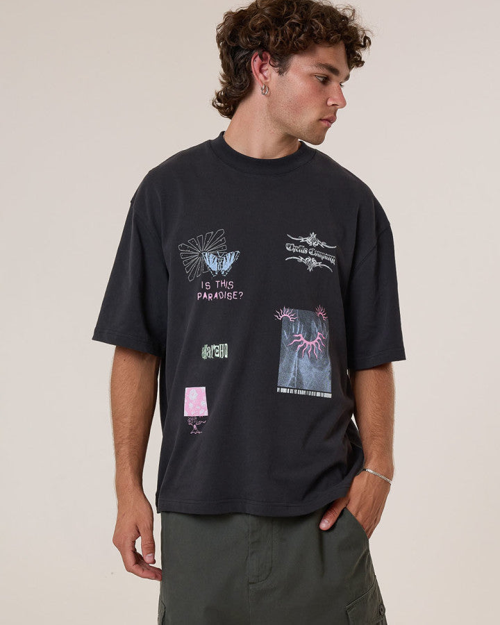 Thrills Transmission Box Fit Oversize Cropped Tee - Washed Black in Washed Black