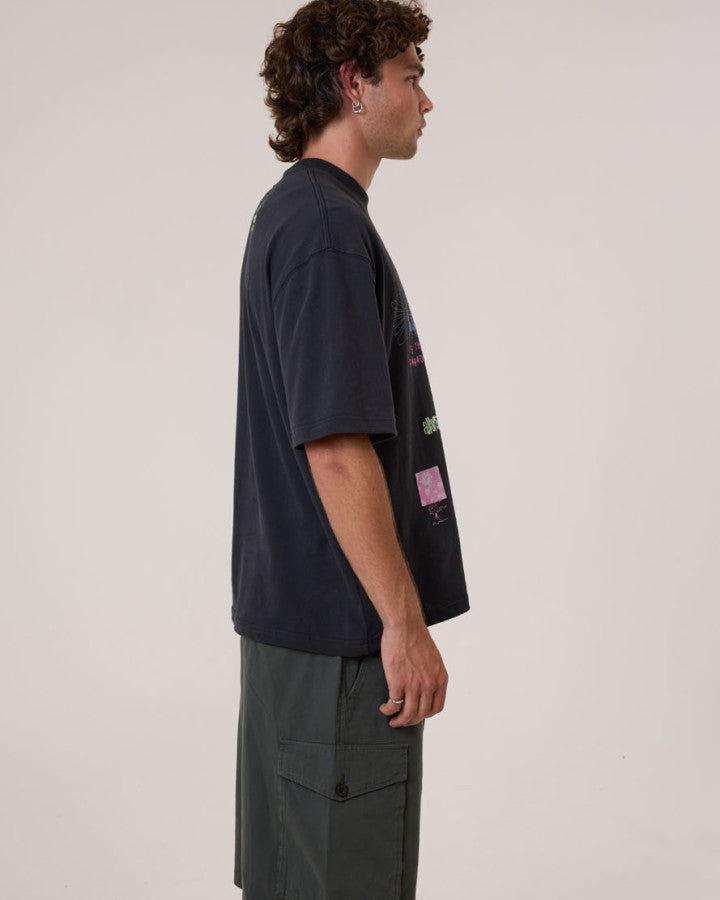 Thrills Transmission Box Fit Oversize Cropped Tee - Washed Black in Washed Black