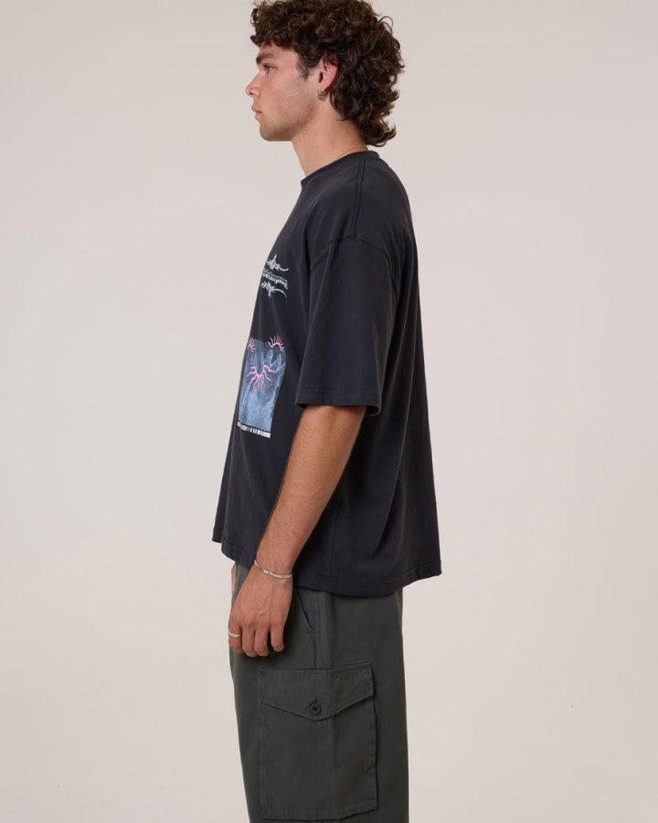 Thrills Transmission Box Fit Oversize Cropped Tee - Washed Black in Washed Black
