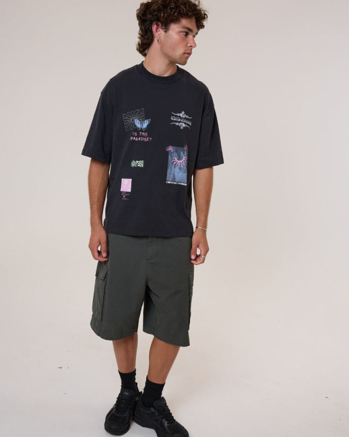 Thrills Transmission Box Fit Oversize Cropped Tee - Washed Black in Washed Black