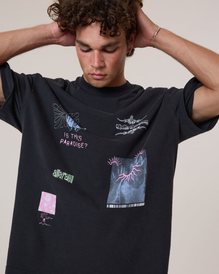 Thrills Transmission Box Fit Oversize Cropped Tee - Washed Black in Washed Black