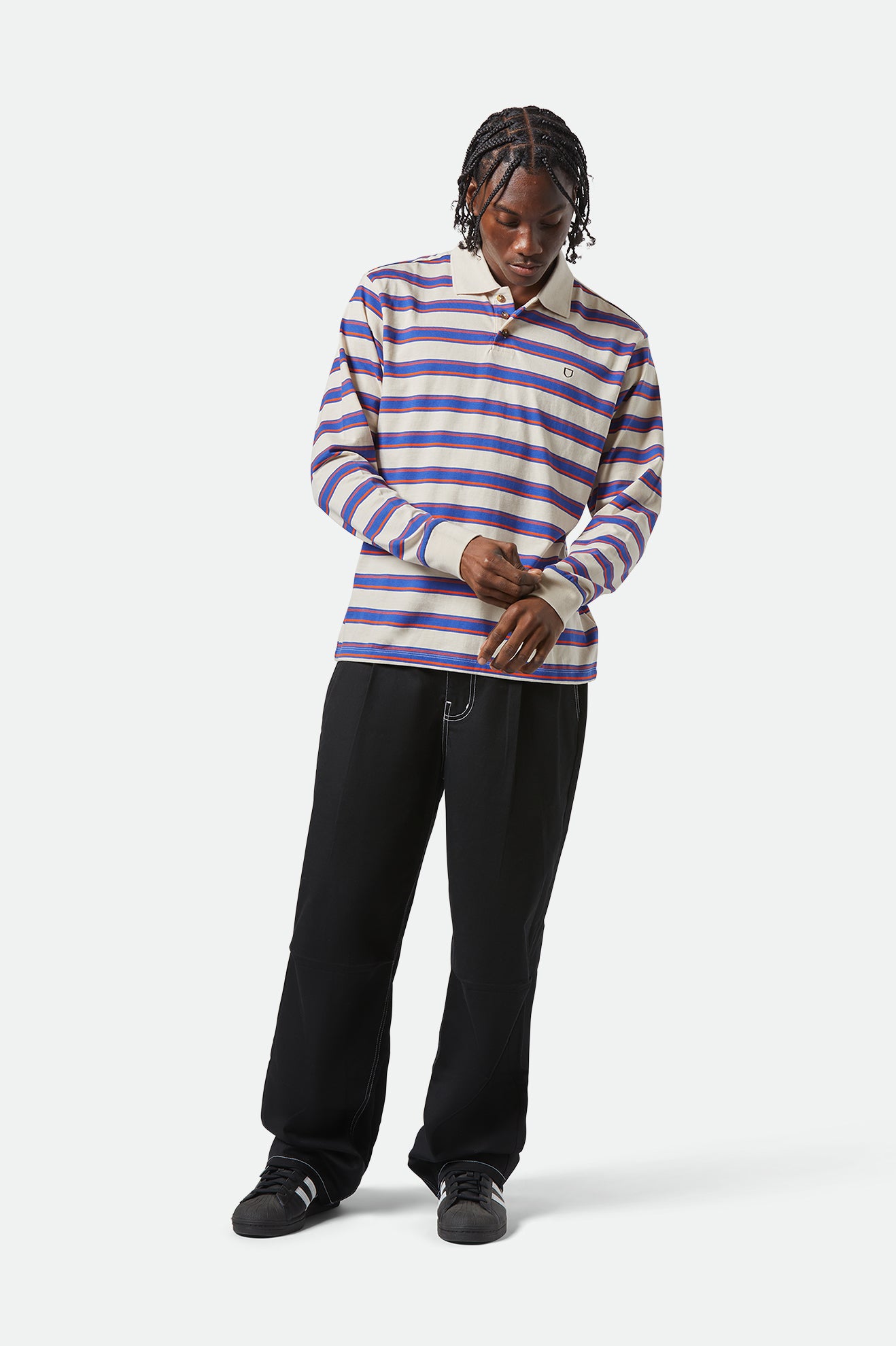 Brixton Vintage Stripe L/S Polo Knit in ELECTRIC BLUE/FLAME/WHITECAP